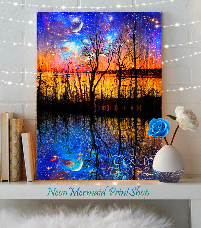 Surreal Landscape,Colorado Art,Colorful Abstract Landscape,Giclee Prints,Celestial Fantasy Art,Moon Tree Stars Sunset Art,Large Metal Prints image 1