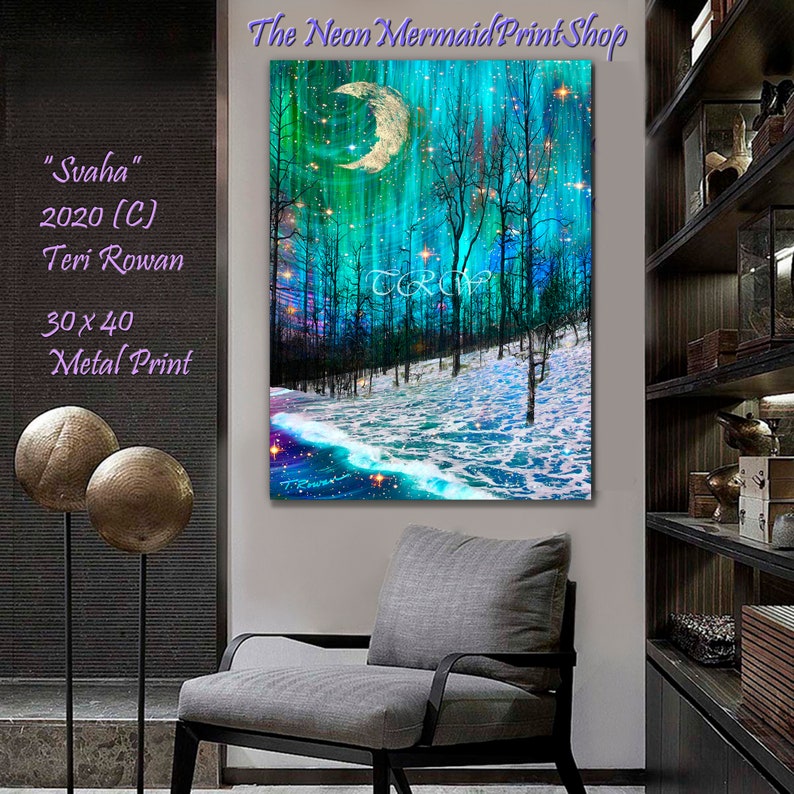 May include: A 30x40 inch metal print of a colourful abstract painting with a crescent moon, stars, and a forest scene. The painting is titled "Svaha" and is by Teri Rowan.