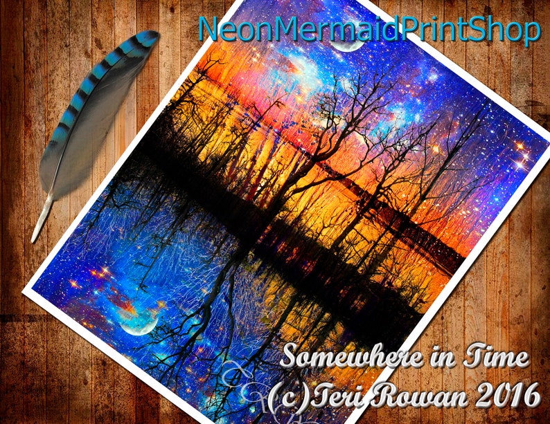 May include: A digital art print of a colorful, starry night sky reflected in a still body of water. The sky is a mix of blue, purple, pink, and orange hues with a crescent moon and stars. The reflection in the water is a mirror image of the sky. The text "Somewhere in Time (c) Teri Rowan 2016" is at the bottom of the print.