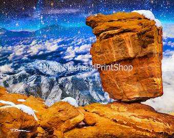 Garden of the Gods Art,Celestial Mountain Landscape,Starry Night Sky Metal Prints,Colorado Art,Stars Clouds Art Print,Sunset Mountain View