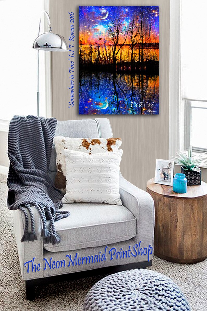 May include: A digital painting of a forest scene with a starry sky and a crescent moon. The forest is reflected in a still body of water. The painting is titled "Somewhere in Time" and is signed by the artist, T. Rowan. The painting is framed and ready to hang.