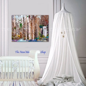 May include: A white canopy bed with a white crib and a white canopy with gold stars hanging from it. A colorful painting of a forest scene hangs on the wall behind the crib.