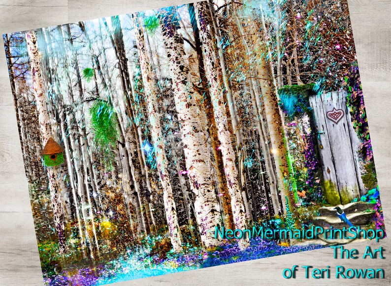 May include: A whimsical digital painting of a forest scene with a wooden outhouse, a birdhouse, and a blue bird. The trees are white with a shimmery effect, and the ground is covered in colorful flowers. The text "NeonMermaidPrintShop The Art of Teri Rowan" is at the bottom of the image.