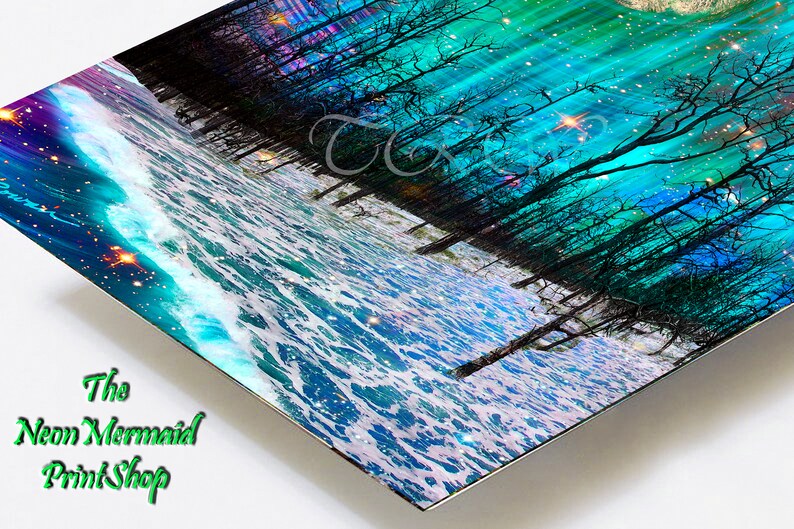 May include: A digital art print depicting a dark forest with bare trees and a blue and green aurora borealis in the sky. The forest is reflected in the water below, which is a turquoise blue with white foam.