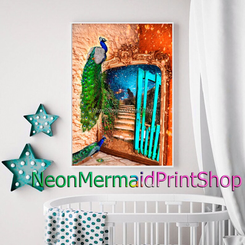May include: A framed art print showing a peacock on a wall, with another below. The artwork depicts a doorway with a blue gate, leading to a starry night scene. The text "NeonMermaidPrintShop" is visible on the print.