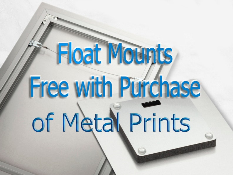 May include: A metal print with a float mount, showing the back of the print. The text "Float Mounts Free with Purchase of Metal Prints" is in blue. The metal print has a silver finish.