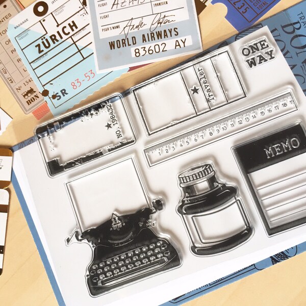 COMBO: Clear stamps + 1 pack of stickers with gold foil / travel tickets wanderlust typewriter