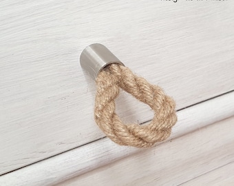 Möbelgriff aus Edelstahl mit einer Schlaufe aus Juteseil - Möbelknauf Jute Schnur Knauf – Griff Handmade in Germany