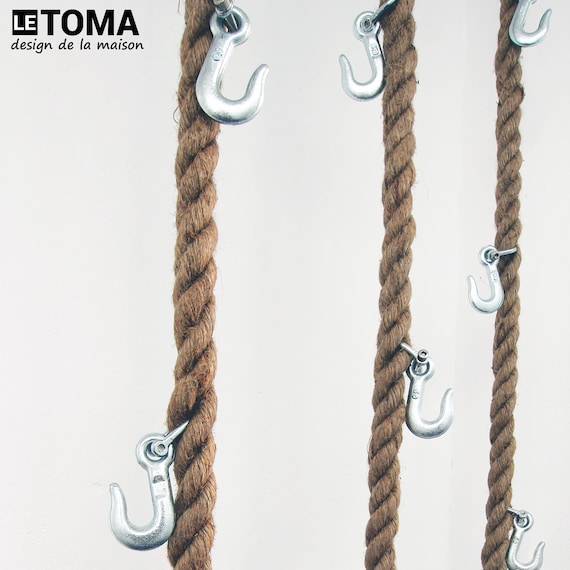 Coat Rack Made of Jute Rope in Industrial Design With Metal Hooks