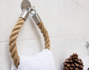 Toilet paper holder, towel holder made of jute rope and stainless steel in a vintage design, toilet paper holder for WC and bathroom, self-adhesive, no drilling required