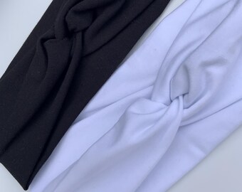 Black and White Organic Cotton Jersey Twist Knot Headband | Soft Stretch Boho Hair Accessory