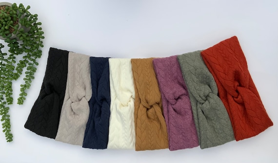 Handmade Cable Knit Jersey Headband, super soft fabric with twist top winter hair accessory
