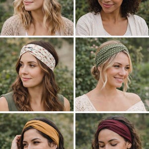 Pu&ograve; includere: Una collezione di fasce per capelli in vari colori e fantasie. Le fasce includono stampe floreali, pois e colori uniti come giallo senape e bordeaux. Le modelle indossano le fasce, mostrando i diversi stili e design.