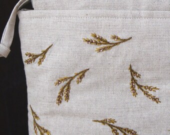 Bestickte Leinen-Stricktasche: Große Garnaufbewahrung, Kordelzug