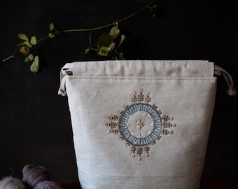 Embroidered Linen Knitting Project Bag, Drawstring Yarn bag
