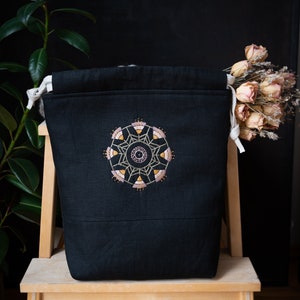 Embroidered large knitting project bag/crochet bag/ yarn bag/ gift for knitter/ gift for mother