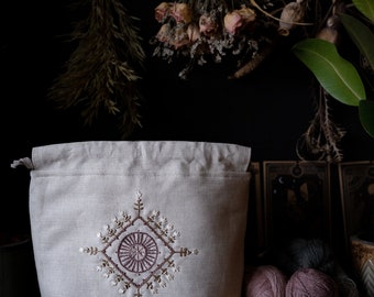 Embroidered Linen Knitting Project Bag: Large Yarn Storage