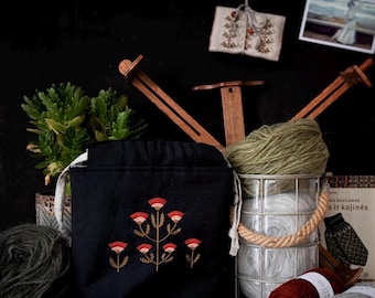 Embroidered Linen Knitting Project Bag: Drawstring Yarn Storage