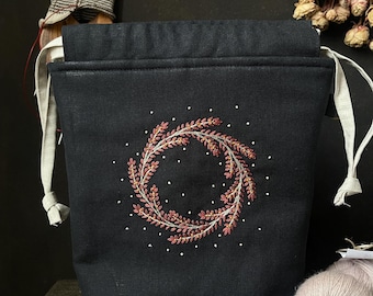 Bestickte Leinen Tasche für Strickprojekte: Kordel Aufbewahrung