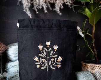 Embroidered Linen Knitting Project Bag: Drawstring Yarn Storage