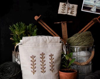Bestickte Leinen Tasche für Strickprojekte: Kordel Aufbewahrung