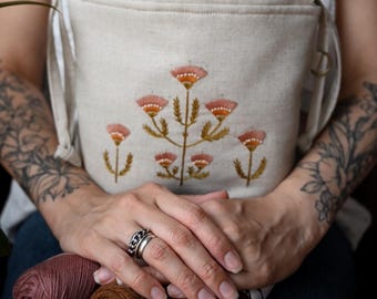 Bestickte Leinen Tasche für Strickprojekte: Kordel Aufbewahrung