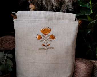 Embroidered Linen Knitting Project Bag, Large drawstring bag