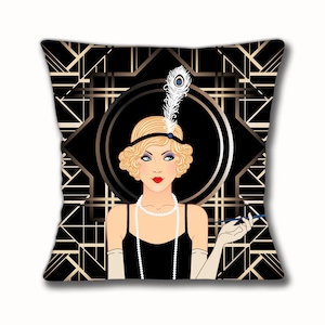 Art Deco anni '20 e '30 Copricuscino per signora Guanti con piume per gioielli 16 pollici 40 cm Quadrato nero Idea regalo Compleanno Calza natalizia Riempitivo Lei