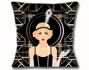Art Déco 20's 30's Lady Cushion Cover Plume Bijoux Gants 16 pouces 40 cm Carré Noir Idée Cadeau Anniversaire Noël Bas Filler Her