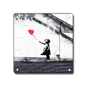 Banksy vintage Style Metal Sign Vieilli, 200 x 200mm 8 x 8 pouces, Banksy Hope, Girl Red Balloon, Heart Balloon, Wall Painting, Banksy Graffiti