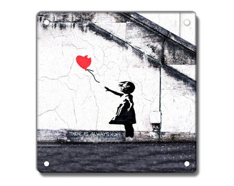 Banksy Vintage Style Metal Sign Aged, 200 x 200mm 8 x 8 inches, Banksy Hope, Girl Red Balloon, Heart Balloon, Wall Painting, Banksy Graffiti