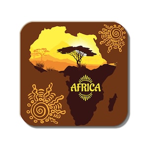 Mapa africano Montaña rusa o juego de 4 árboles Marrón Amarillo Cuadrado Brillo 9 x 9 cm Tema étnico África Esquema Regalo Idea de navidad Medias Relleno