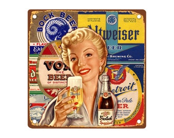 Vintage Style Metal Sign, Old Advertisement, 50's 60's Blonde German Beer 200 x 200 mm 8 x 8 inches, Stocking Filler, Bar, Garage, Gift Idea