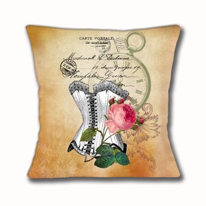 Vintage Boned Corsett Kissenbezug 40 cm 40 cm Meliert Vintage Style Rose Carte Postale Postmark Geneva Fob Watch