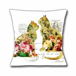 Vintage French Style Cats Cushion Cover 16 inch 40 cm  Carte Postale Postmark United States Addressed Paris Calligraphy Letters Music Notes
