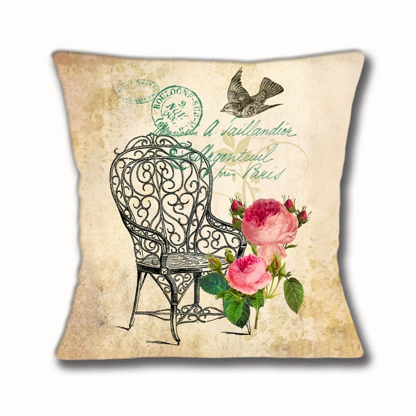 Vintage French Style Cushion Cover 16 inch 40 cm Mottled  Rose Carte Postale Postmark Bologne Filigree Chair Bird