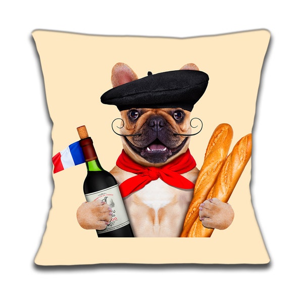 Français Bulldog Cushion Cover, 16 pouces 40cm, Béret, Moustache, Baguettes, Foulard, Vin Rouge, Drapeau, Bistro, Café, Anniversaire, Noël, Idée cadeau