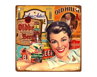 Vintage Style Metal Sign, Old Advertisement, 50's 60's Beer Collage 200 x 200 mm 8 x 8 inches, Stocking Filler, Bar, Garage, Gift Idea