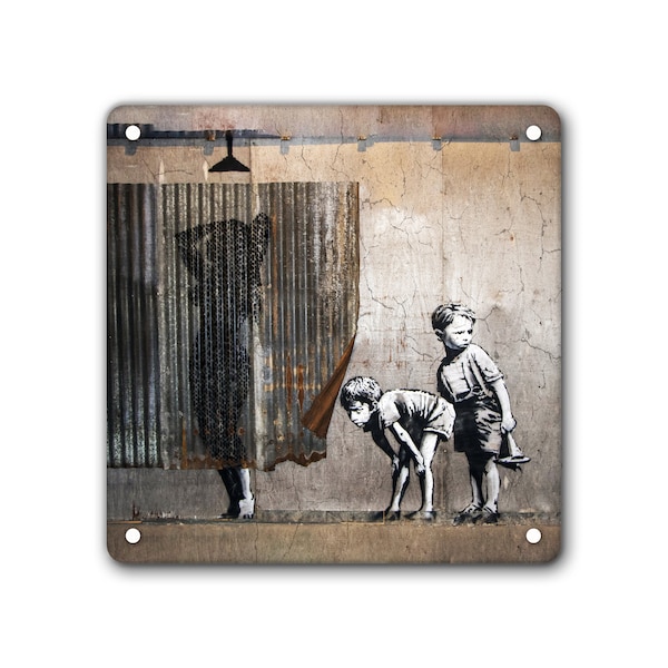 Banksy Vintage Style Metal Sign Cheeky Boys Sneaking a Peak in Shower Aged or Rusted  200 x 200mm 8 x 8 inches