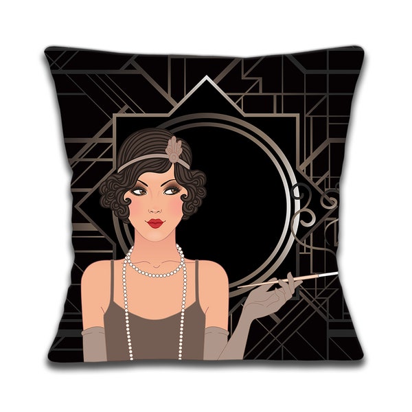 Housse de coussin Art Déco Années 20 30 pour femme Brune Marron Noir Bijoux Gants 16 pouces 40 cm Carré Idée cadeau Anniversaire Noël