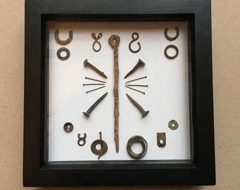 Metal Objects in Box Frame Display - Tudor pins, hand forged nails, repurposed mudlark finds River Thames foreshore London Steampunk Goth