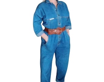 Vintage Ideas Denim Jumpsuit Medium Wash Blue Cotton Denim Waist Utility Romper