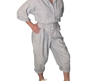 Vintage Blue White Pinstripe Jumpsuit Front High Waist Cropped Utility Women