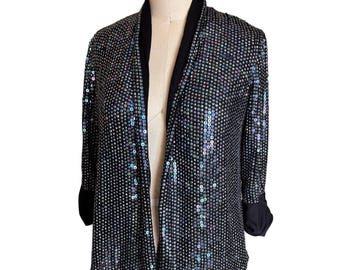 Armani Collezioni Sequin Blazer Women 6 Black Excellent Iridescent Open Front