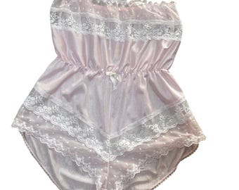 Vintage Lingerie Teddy Romper Womens Small Pink Lace Trim Strapless Vintage