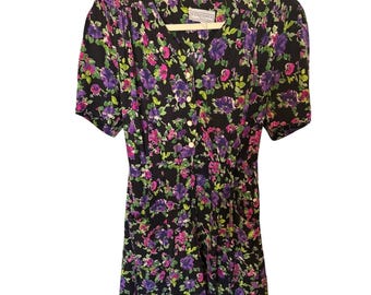 Vintage E.D. Michaels Romper Womens 7-8 Black Floral 90s V-Neck Pocket