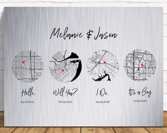 Personalized 10-Year Anniversary Map: Aluminum or Tin “Hello, Will You, I Do”