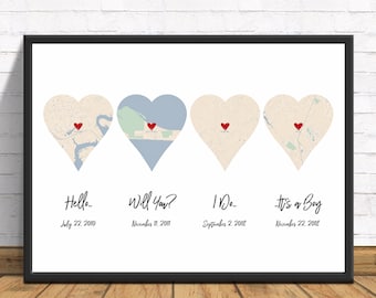 Personalized 4-Heart Art Print: “Hello, Will You, I Do”