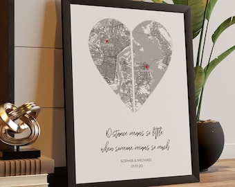 Fernbeziehung Geschenk: Zwei-Städte Karte mit Herz und Herz