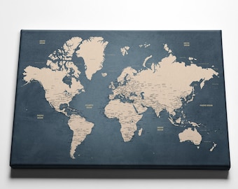 Framed Push Pin World Map: Blue & Grey Travel Tracker with Pins